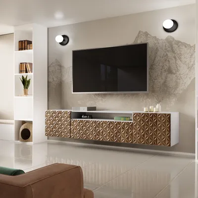 Produktbild von Moderner, hängender TV-Schrank CALL 200 cm mit geriffelten Fronten, Farbe: Weiß / Eiche Catania