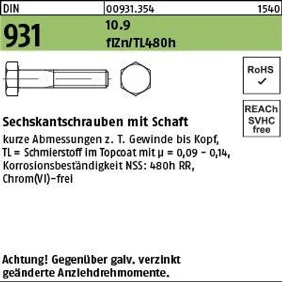Produktbild von Reyher  Sechskantschrauben DIN 931 10.9 M 20x130 flZn (25 Stück)