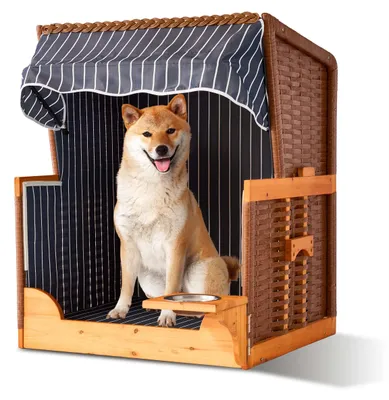 Produktbild von Relaxdays Hundestrandkorb, Rattan, mit Napf, Hundesessel mit Dach, HBT: 95x75x65 cm, Garten & Terrasse, Holz, dunkelblau