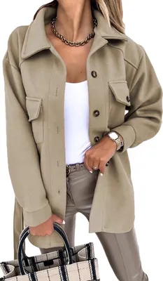 Produktbild von ASKSA Women's Single Breasted Shirt Jacket Long Sleeve Cardigan Coat Plain Outwear with Belt, Khaki, M