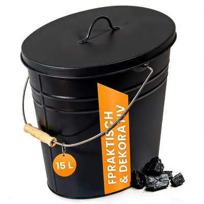 Produktbild von Theo&Cleo 15L Ascheeimer mit Deckel, Feuerfest Metalleimer, Kohleeimer für Kohle und Asche, Kamin, Ofen, Grill, Schwarz