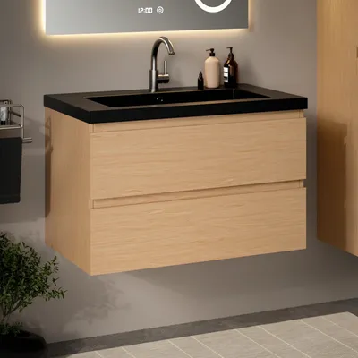 Produktbild von Mirlux Badezimmermöbel-Set Helle Eiche 80 cm – Schwarz Waschbecken – Badezimmermöbel-Set – Waschtischunterschrank Helle Eiche