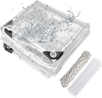 Produktbild von Transparente Plane mit Ösen 420g/m² 2x3m, wasserdichte Abdeckplane mit Seil und Kabelbindern aus PVC für den Schutz von Pflanzen und Gartenmöbeln