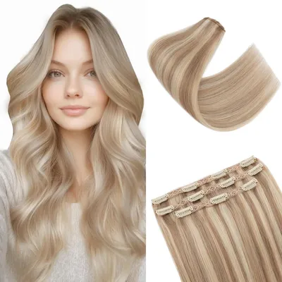 Obrázok produktu pre Clip-in predlžovanie vlasov, prírodné vlasy, svetlohnedá/odstienená blond, 55 cm, 86 g, 3 kusy, rovné