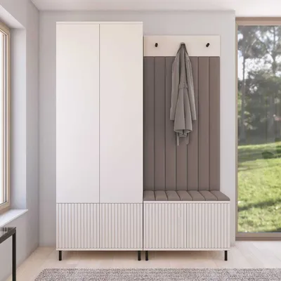 Produktbild von Garderoben-Set Ritmo Version 1 – gefräster Kleiderschrank mit hohen Füßen, gepolsterte Wandpaneele, Schuhschrank, für den Flur (cashmere, Trinity 06)