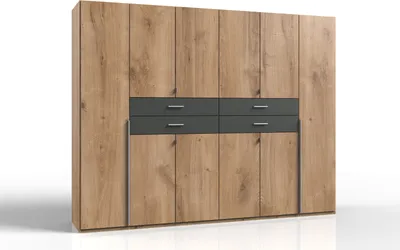 Produktbild von Kleiderschrank "Denver" aus Spanplatte in Plankeneiche-Nachbildung mit 4 Schubladen und 10 Türen. Abmessungen (B/H/T) 270x208x58 cm
