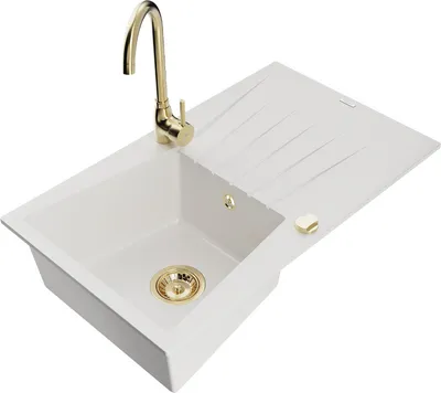 Produktbild von Mexen Cesar 1 Becken-Granitspüle mit Abtropffläche und Mischbatterie Telma, Weiß - 6514-20-670200-50