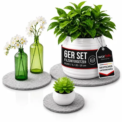Produktbild von wortek Filzuntersetzer rund für Vasen Blumen Glas - 6er Set - 15cm / 20 cm / 25cm – Untersetzer Gläser Grau Topfuntersetzer Glasuntersetzer Tischuntersetzer Untersetzer Blumentopf Untersetzer Filz