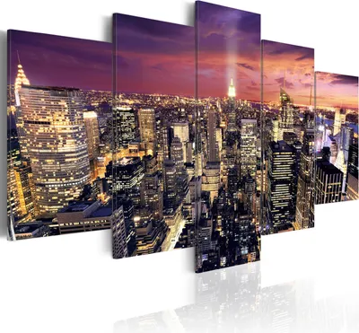 Produktbild von Modernes Wandbild d-B-0013-b-n (150x75) - 5 Teilig Bilder Fotografie auf Vlies Leinwand Foto Bild Dekoration Wand Bilder Kunstdruck New York City NYC Stadt bei Nacht