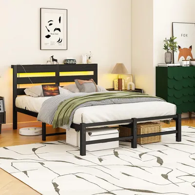 Produktbild von MODFU Metallbett 120x200 Bettgestell mit 2 USB-Anschlüsse,Einzelbett mit LED und Stauraum unter dem Bett,Bettrahmen mit Ablagefläche am Kopfteil,ohne Matratze,Schwarz