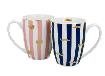 Produktbild von DUO 2er SET Becher 360 ml MOUSTACHE & SMALL HEARTS - New Bone China Porzellan