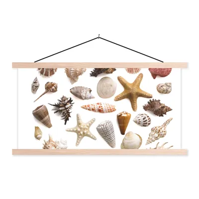 Produktbild von MuchoWow® Textilposter Muschel - Seestern - Weiß 60x30 cm mit holzfarbenen Rahmen - Dekoration