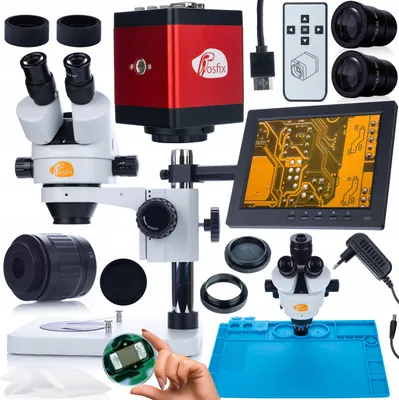 Produktbild von Rosfix Mercury Pro MSMP-T-PS1 Mikroskop-Set + Draco RED PRO KMDRP-HDMI-VGA 2mp Kamera + Silikonmatte 480x320mm + Halter mit 8" Display