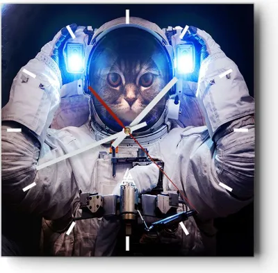 Produktbild von Wanduhr - Quadrat - Glasuhr - Kosmonaut Katze - 30x30cm - Schleichendes Uhrwerk - Lautlos - zum Aufhängen bereit - Dekoration Modern - Wanddekoration aus Glas - C3AC30x30-3734
