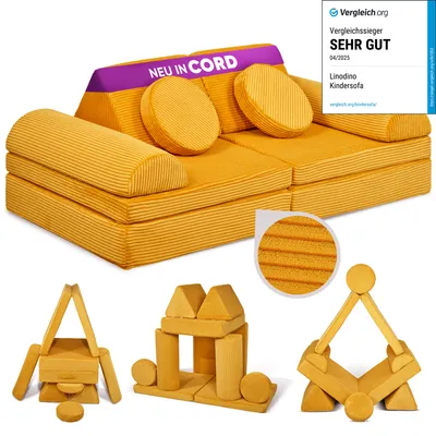 Produktbild von Linodino Spielsofa Cord - Kindersofa | Kinder Couch als Kuschelecke und Fantasiewelt | Kinder Sofa aus Schaumstoff Bausteinen I Gänseblümchen Gelb