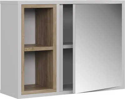 A white bathroom cabinet with a mirrored door and open shelving.