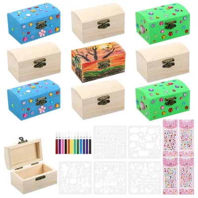 Produktbild von Holz Schatztruhe Bastelset 10 Stück Kindergeburtstag mit Farbstiften & Aufklebern