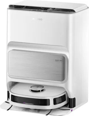 A white robot vacuum cleaner with an automatic emptying station.
