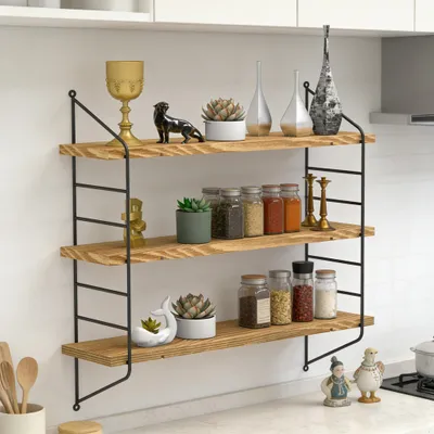 Produktbild von FATIVO Schwebendes Wandregal, 3 Etagen, rustikal hängeregale holz verstellbare Wandmontage, Küche, Wandaufbewahrung, Bücherregale, Pflanzenrega