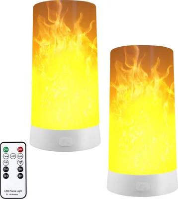Produktbild von Zwei LED-Flammeneffektleuchten, 4 Modi, USB-Ladefunktion, inklusive Fernbedienung und Timer, 3000K (Dauerlicht + Flammenmodus).