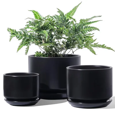 Image de Lot de 3 pots de fleurs en céramique avec soucoupes, de 11, 13 et 17 cm, de couleur noire