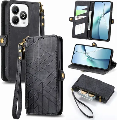 Produktbild von Für ZTE Blade A75 4G Geometric Design Kunstleder Zipper Book Wallet Tasche mit Schlaufe Schwarz