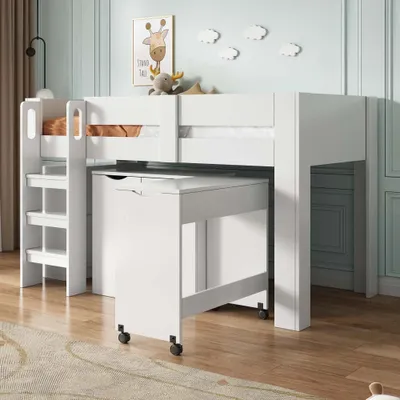 Produktbild von AIORBER Kinderhochbett, 90 x 200cm, mit ausziehbarem Schreibtisch, Kleiderschrank, MDF, mit Schubladen und Stuhl mit PolyurethanKissen, Kinderbetten, Weiß