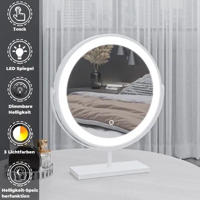 Produktbild von Rund Kosmetikspiegel 40cm,LED Schminkspiegel mit Weiß Rahmen,Tischspiegel mit 3 Lichtfarbe,dimmbar, Helligkeit-Memory