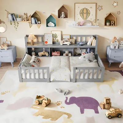 Immagine prodotto di INONEFT Lettino per bambini, modello a terra, 90x200 cm, lettino Montessori con protezione laterale e rete a doghe, letto singolo in legno, letto gioco, colore grigio, senza materasso