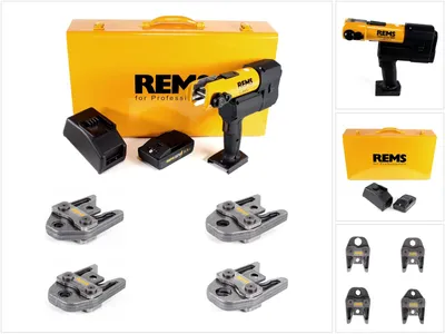 Immagine prodotto di REMS pressa a batteria 22V ACC + 1x batteria ricaricabile 2.5Ah + caricatore rapido + pinze per pressatura standard M15,18,22,28 in scatola di lamiera d'acciaio