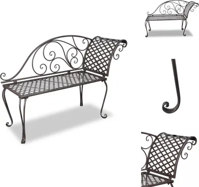 A metal garden chaise lounge is shown from multiple angles against a white background.