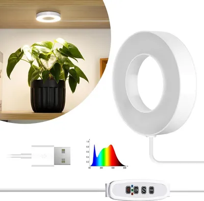 A collage showing a plant light in use, a close-up of the light, a USB connector, and a light spectrum graph.