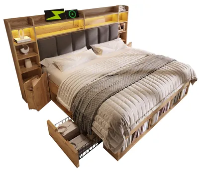 Produktbild von Doppelbett Holzbett,Stauraum-Kopfteil mit LED & USB-C-Anschluss,Systembett Bettgestell mit Lattenrost, ohne Matratze