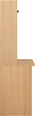 A side view of a wooden desk with a bookshelf attached.