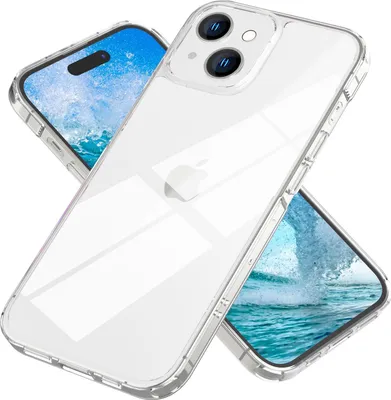 A clear iPhone case is shown diagonally, with two iPhones visible underneath, displaying images of water.