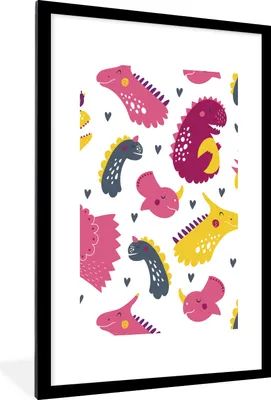 Produktbild von MuchoWow® MuchoWow® Gerahmtes Poster Dino - Muster - Kind - Rosa - Mädchen 60x90 cm - Poster mit zchwarzem Bilderrahmen - Dekoration - Wandposter Wohnzimmer - Hochwertig