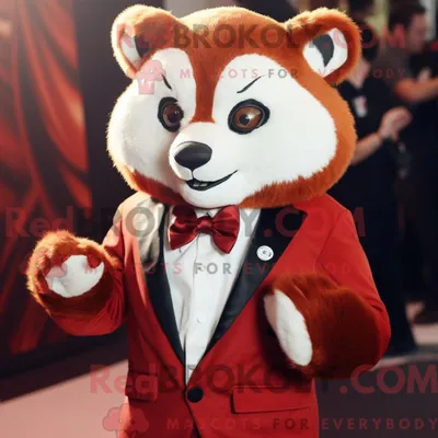 Produktbild von Maskottchencharakter REDBROKOLY eines cremefarbenen Roten Pandas mit Anzug und Ringen