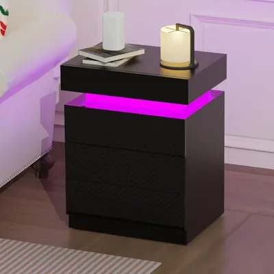 Image de Table de chevet noire avec éclairage LED, 3 tiroirs, dimensions 45x35x61 cm