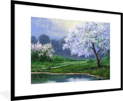 Produktbild von MuchoWow® Gerahmtes Poster Malerei - Baum - Blüte - Natur - Wasser 90x60 cm - Poster mit Schwarzem Bilderrahmen Wandposter Rahmen Foto Bilder - Wanddekoration - Fotos