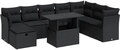 Produktbild von 9-tlg. Garten-Sofagarnitur mit Kissen Schwarz Poly Rattan