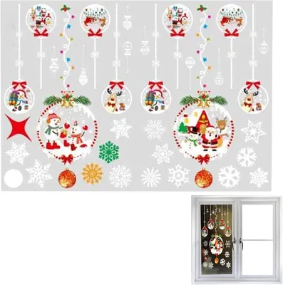 Produktbild von Weihnachtsfensteraufkleber, 1 Set mit statischen, niedlichen Cartoon-Motiven von Schneemann, Weihnachtsmann und Schneeflocken zur Dekoration von Zuhause, Spiegeln und Schaufenstern