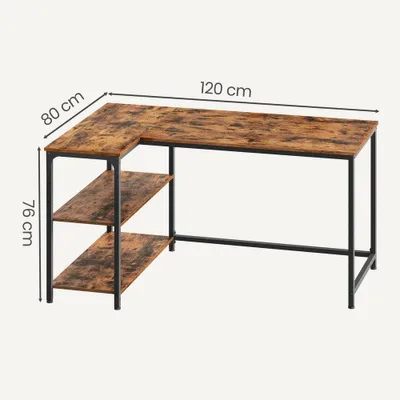 Zdjęcie produktu dla Biurko z miejscem do przechowywania, biurko komputerowe w kształcie litery L, regulowana półka | Brązowe | 120x80x76 cm