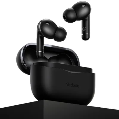 A pair of black wireless earbuds and their charging case are displayed against a white background.