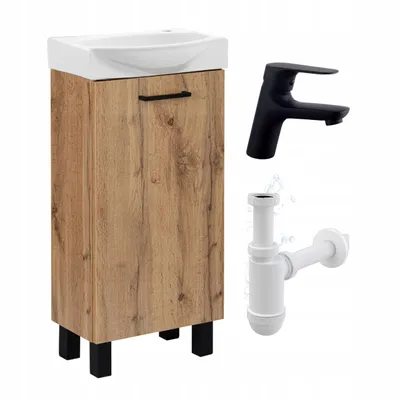 A bathroom vanity set with a sink, faucet, and drain pipe, presented against a white background.