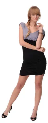 Produktbild von Damen Kleid Dress V-Ausschnitt Raffungen; Grau-Schwarz L/XL 40/42