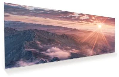Produktbild von Glasbild 150x60cm in XXL für Wohnzimmer, Schlafzimmer Motiv Sonnenaufgang Berge