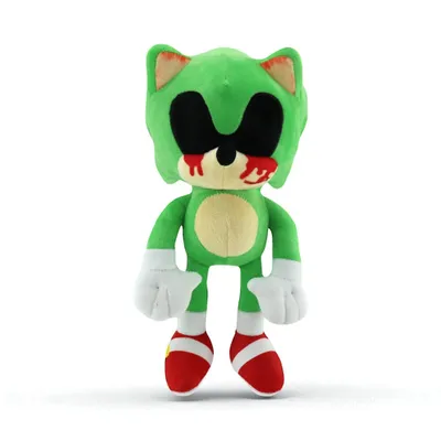 A green plush toy resembling Sonic the Hedgehog with black eyes and red "blood" dripping from its mouth, standing against a white background.