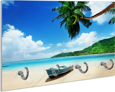 Produktbild von Wallario Handtuchhalter aus Glas, Motiv: Urlaub am Palmenstrand unter Palmen mit Fischerboot, 30 x 20 cm mit 4 Haken