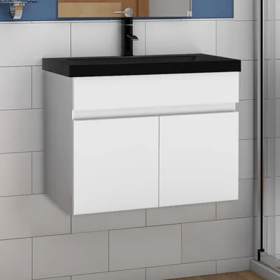 Produktbild von Waschtisch mit Unterschrank 60cm BERGEN Badmöbel Set Weiß Waschbecken Schwarz mit Unterschrank MDF Softclose