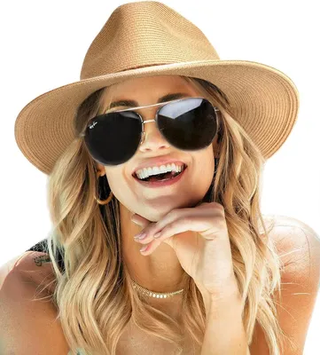 Produktbild von Sonnenhüte für Damen, Sommer, breite Krempe, UV-Schutzfaktor 50+, Panama-Fedora, faltbar, verstaubarer Strandhut aus Stroh